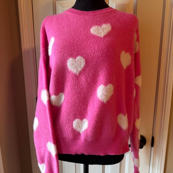 Altar'd State Hot Pink Sweater with white Hearts - Picture 3 of 5